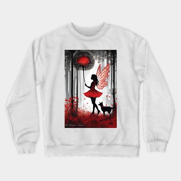 Enchanting Moments: Girl in Red with Giant Dandelion and Furry Friend Crewneck Sweatshirt by AlexBRD